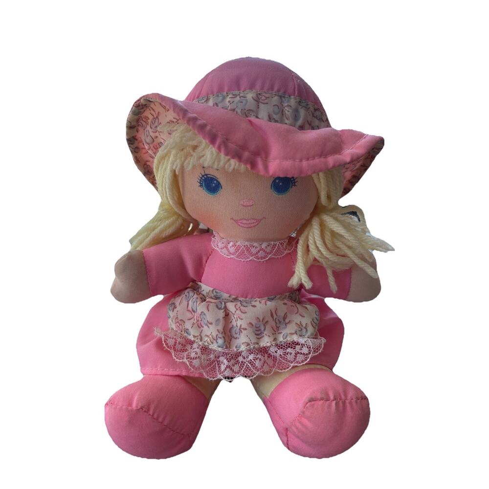 Vintage Sweetie Mine 90's Plush Rag Doll Pink Dress Apron Braided Hair 8"